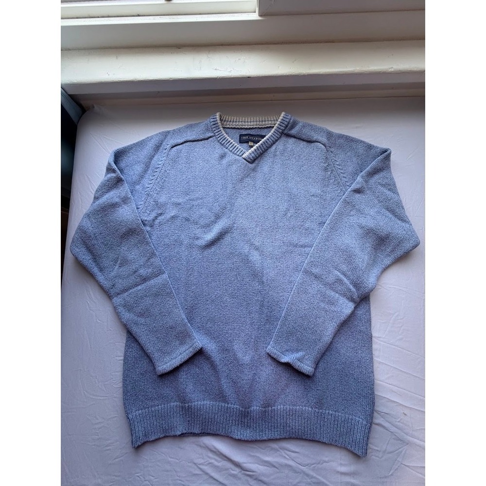 True Measure Men's Blue Cotton Silk Blend V-Neck Knit Sweater Size L